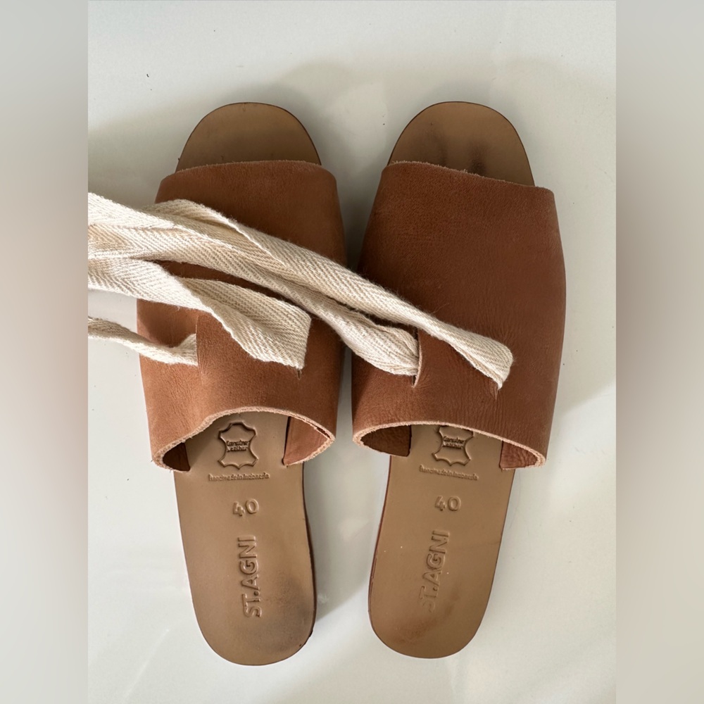 ST AGNI Otago Leather Slides Sandals Flats Sz 40/ US 9 Brown Minimalist
